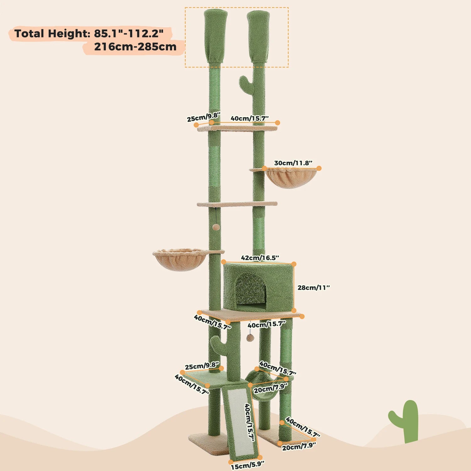 Cactus Cat Tree Floor to Ceiling Tower with Adjustable Height & Hammocks