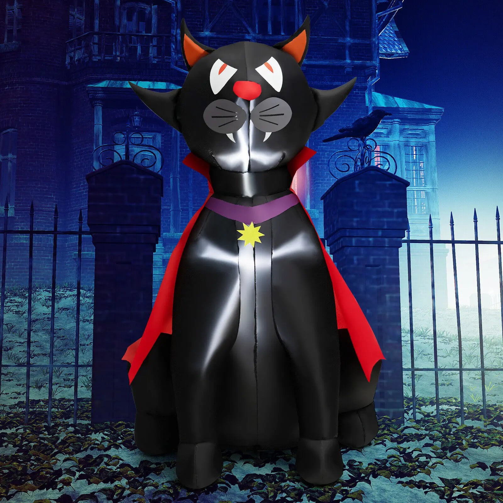 Costway 4.7 FT Halloween Inflatable Vampire Black Cat with Red Cloak Blow-up Decoration