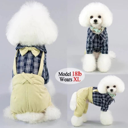 Cute Plaid Pet Overalls, Classic Black and White Puppy Shirt with Bowtie -LIMITED!!