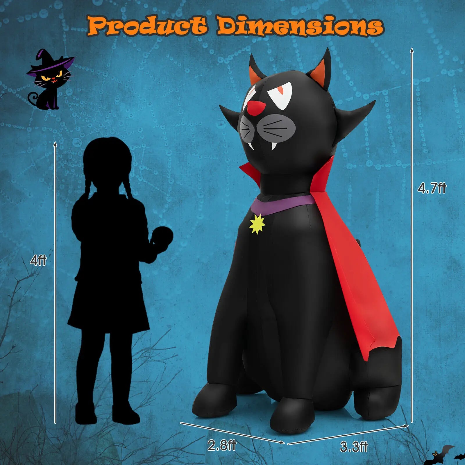 Costway 4.7 FT Halloween Inflatable Vampire Black Cat with Red Cloak Blow-up Decoration