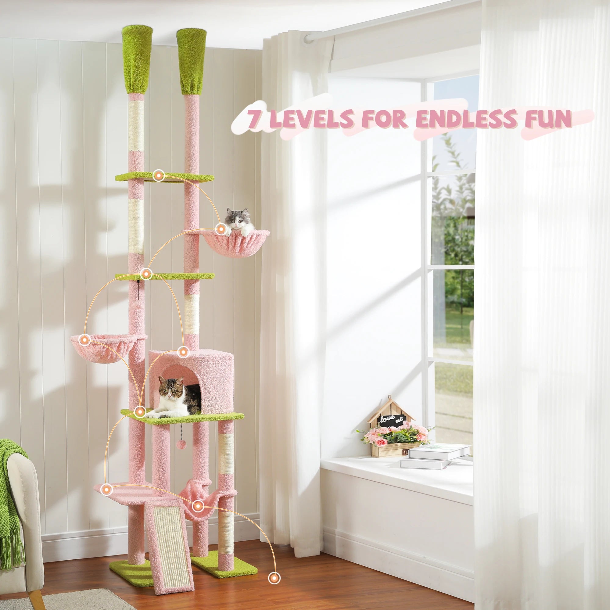 Cactus Cat Tree Floor to Ceiling Tower with Adjustable Height & Hammocks