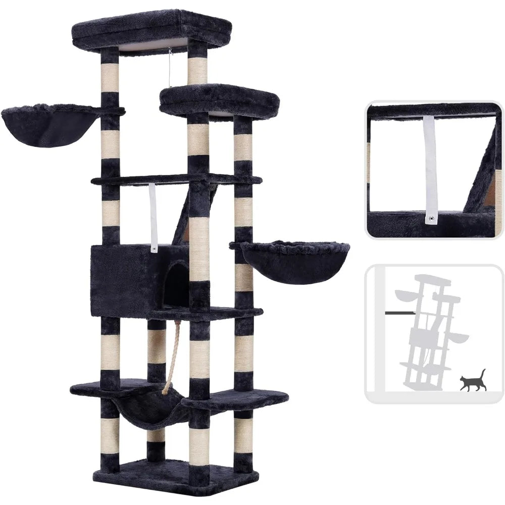 68-inch Multi-Level Cat Tower for Indoor Cats, Two Widened Plush Perches with a Scratching Board, and Big Caves