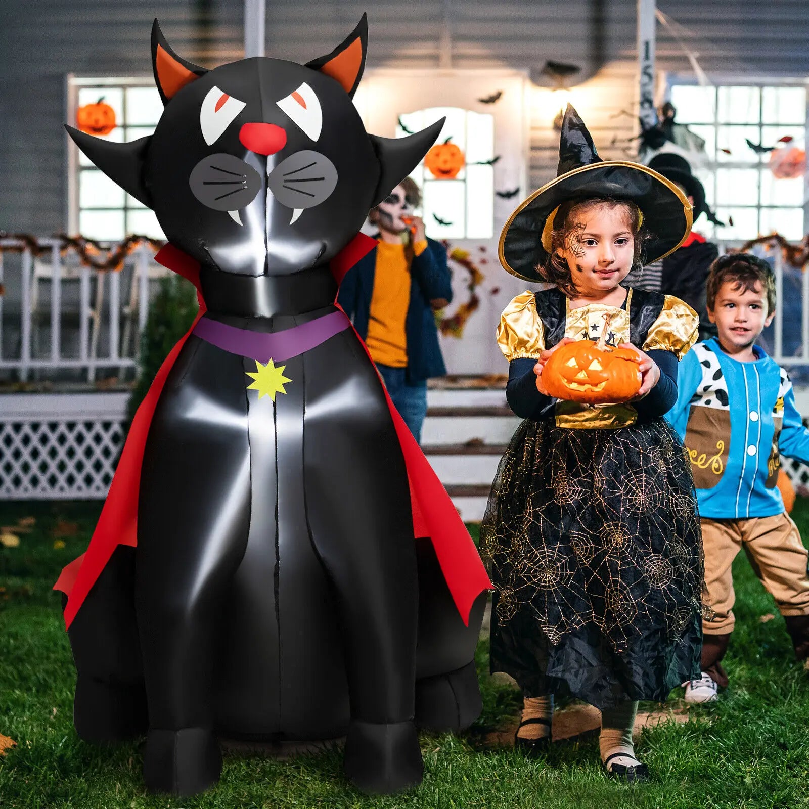 Costway 4.7 FT Halloween Inflatable Vampire Black Cat with Red Cloak Blow-up Decoration