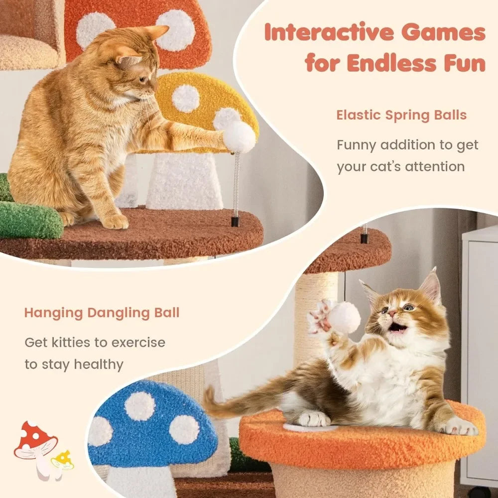 Mushroom Cat Tree with Full-Wrapped Sisal Posts, Scratching Boards and Interactive Balls