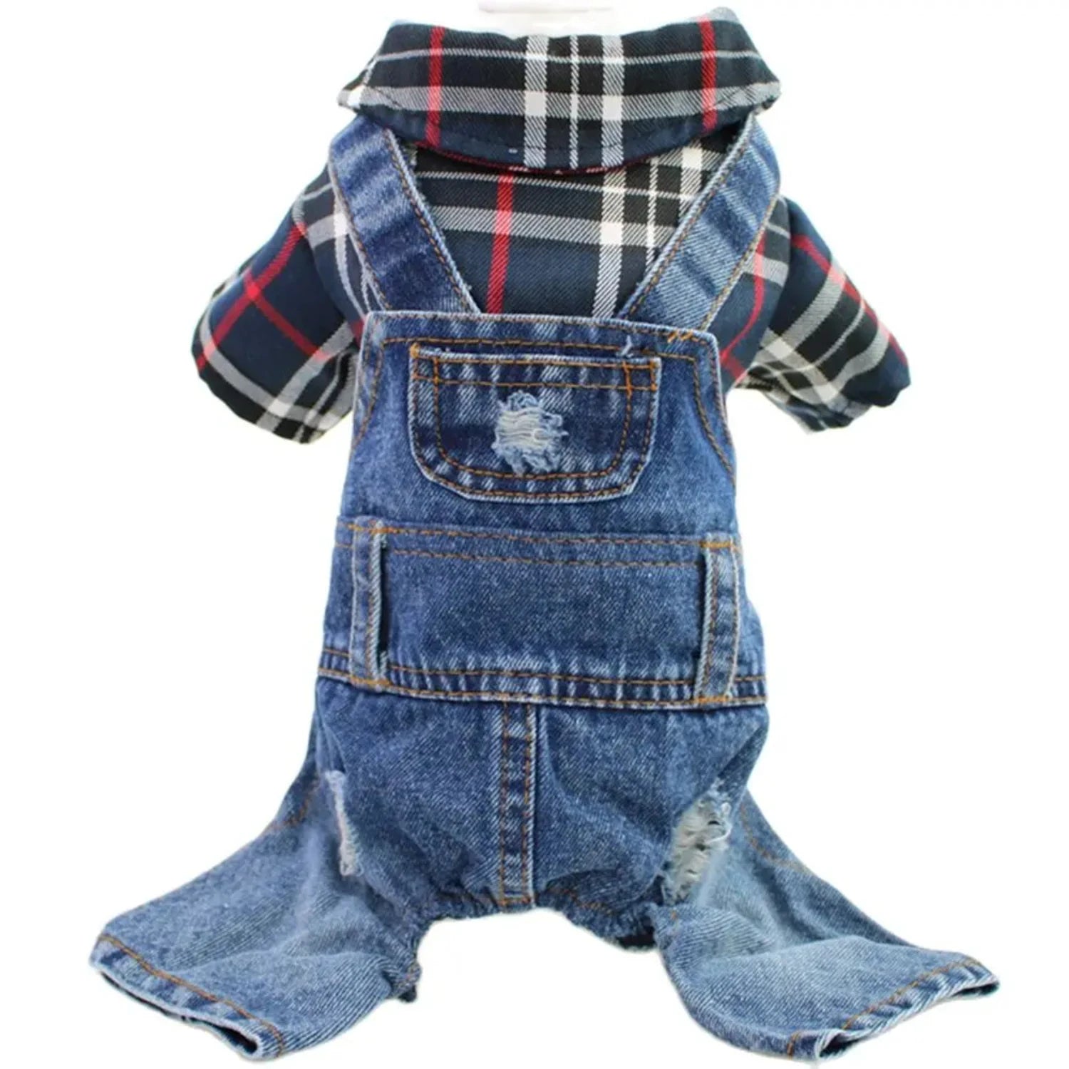 Plaid to the Bone: The Ultimate Denim Hoodie Jumpsuit for Pawsome Pups!