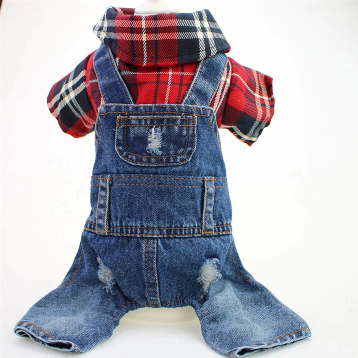 Plaid to the Bone: The Ultimate Denim Hoodie Jumpsuit for Pawsome Pups!