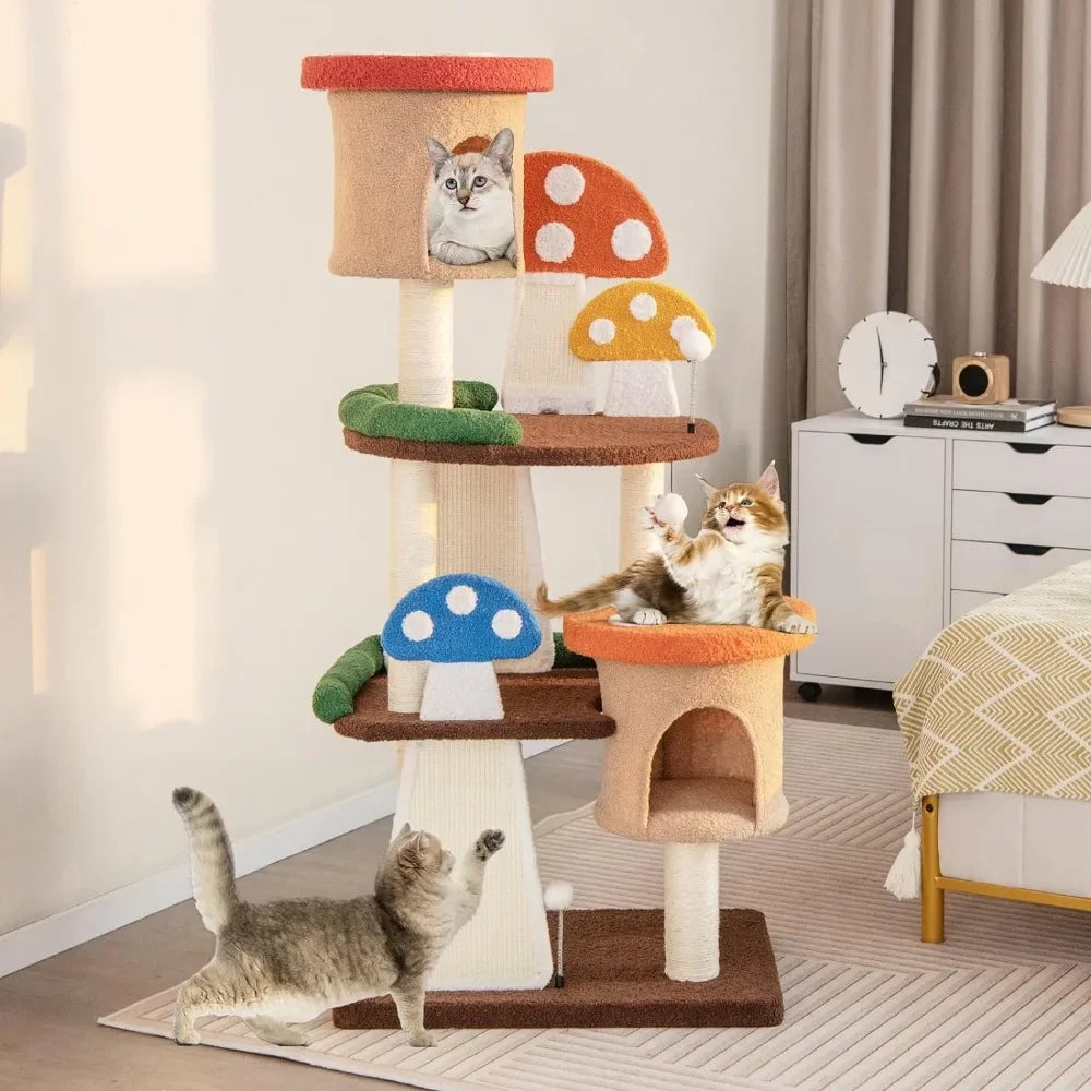 Mushroom Cat Tree with Full-Wrapped Sisal Posts, Scratching Boards and Interactive Balls