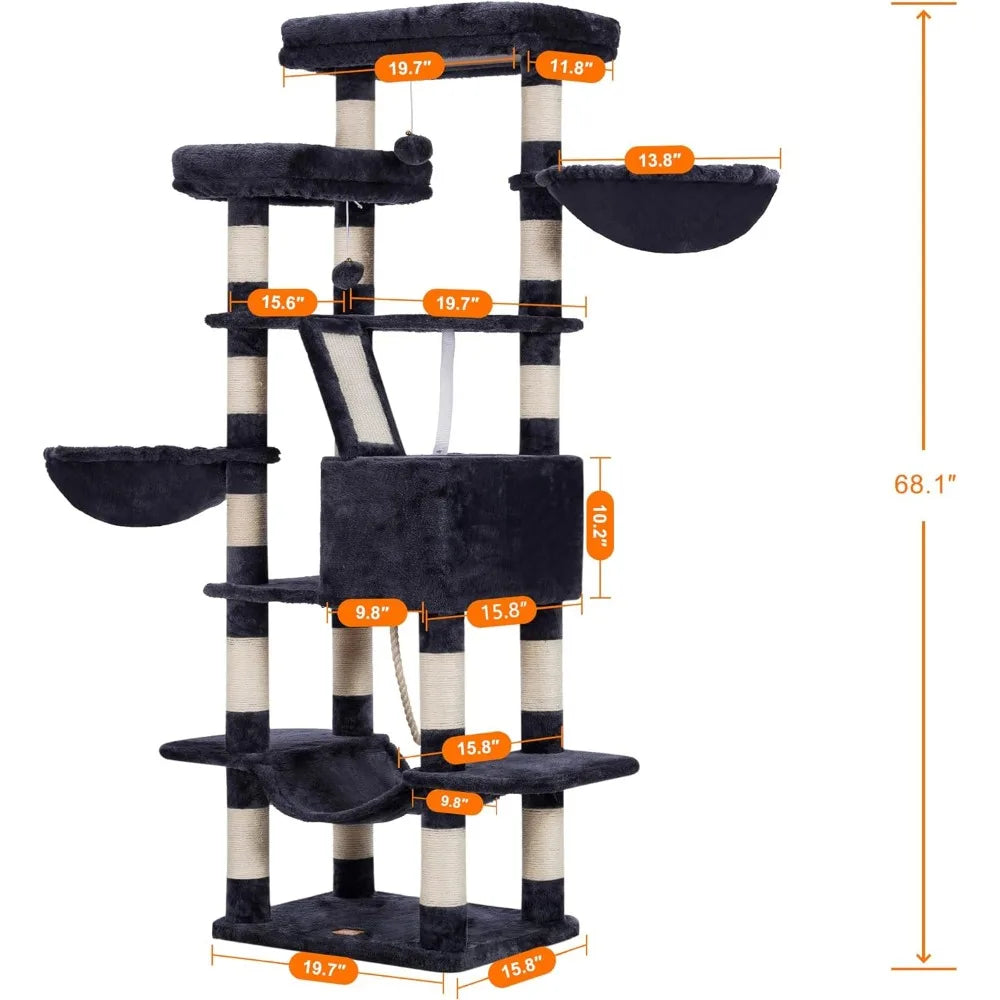 68-inch Multi-Level Cat Tower for Indoor Cats, Two Widened Plush Perches with a Scratching Board, and Big Caves