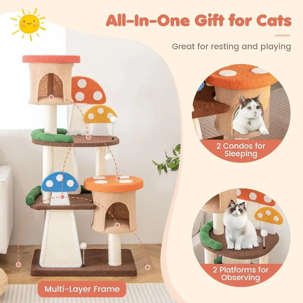 Mushroom Cat Tree with Full-Wrapped Sisal Posts, Scratching Boards and Interactive Balls