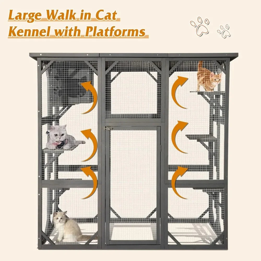 Large Outdoor Wooden Cat House with Weatherproof Cage Indoor Playpen with Platform House