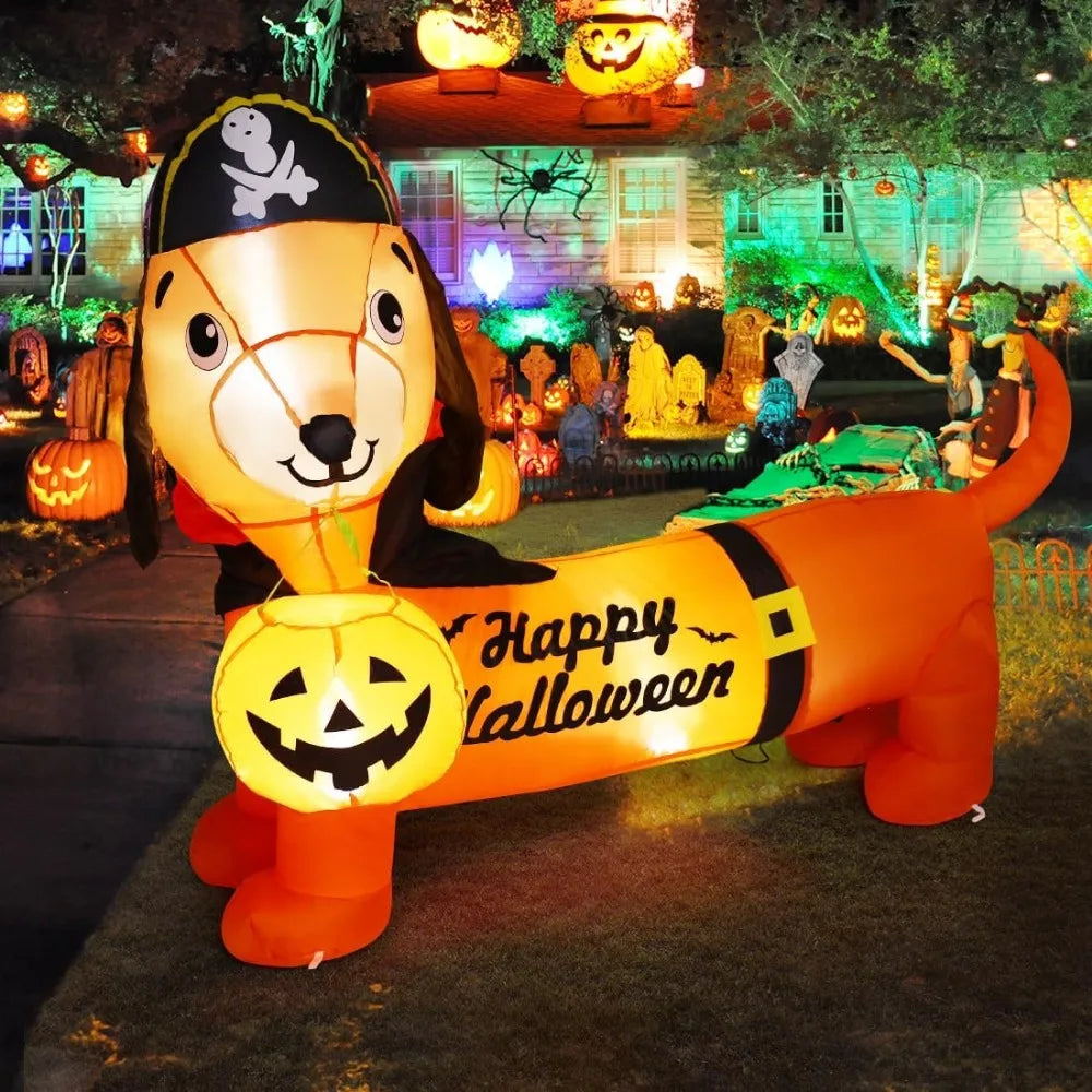 2-piece set of 5-foot Halloween inflatable dog and cat, with built-in LED