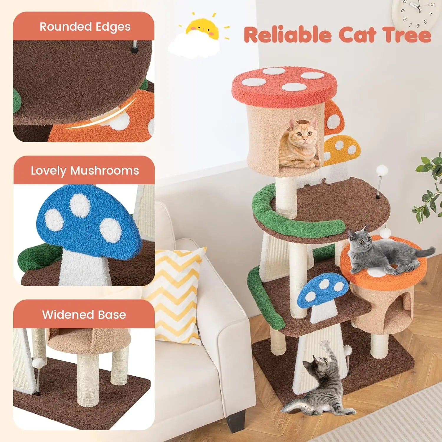 Mushroom Cat Tree with Full-Wrapped Sisal Posts, Scratching Boards and Interactive Balls