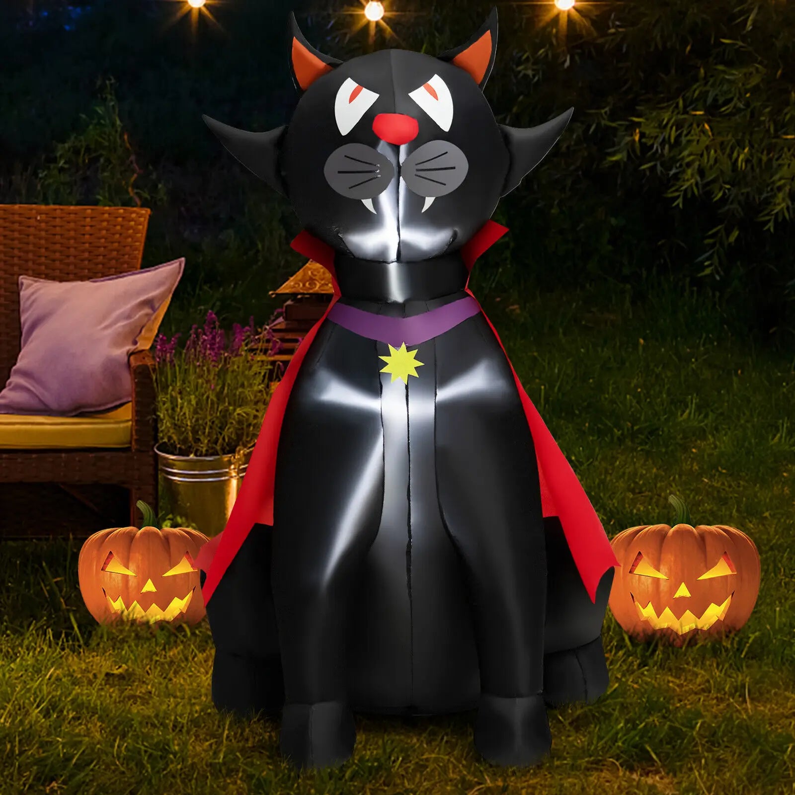 Costway 4.7 FT Halloween Inflatable Vampire Black Cat with Red Cloak Blow-up Decoration