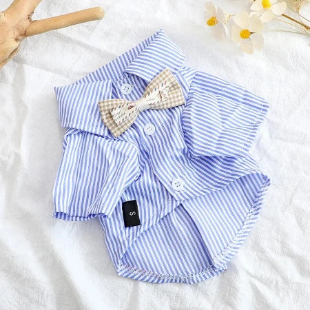 Blue Fashion Thin Striped Bowknot Shirt for Male or Female Dogs