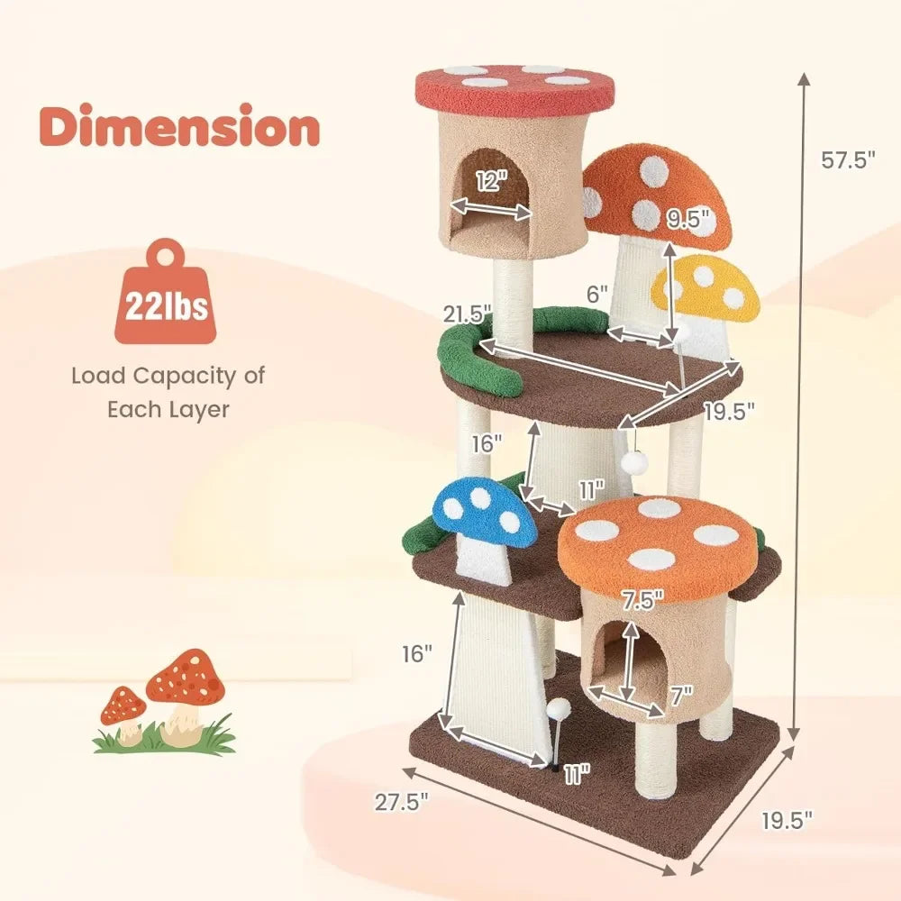 Mushroom Cat Tree with Full-Wrapped Sisal Posts, Scratching Boards and Interactive Balls