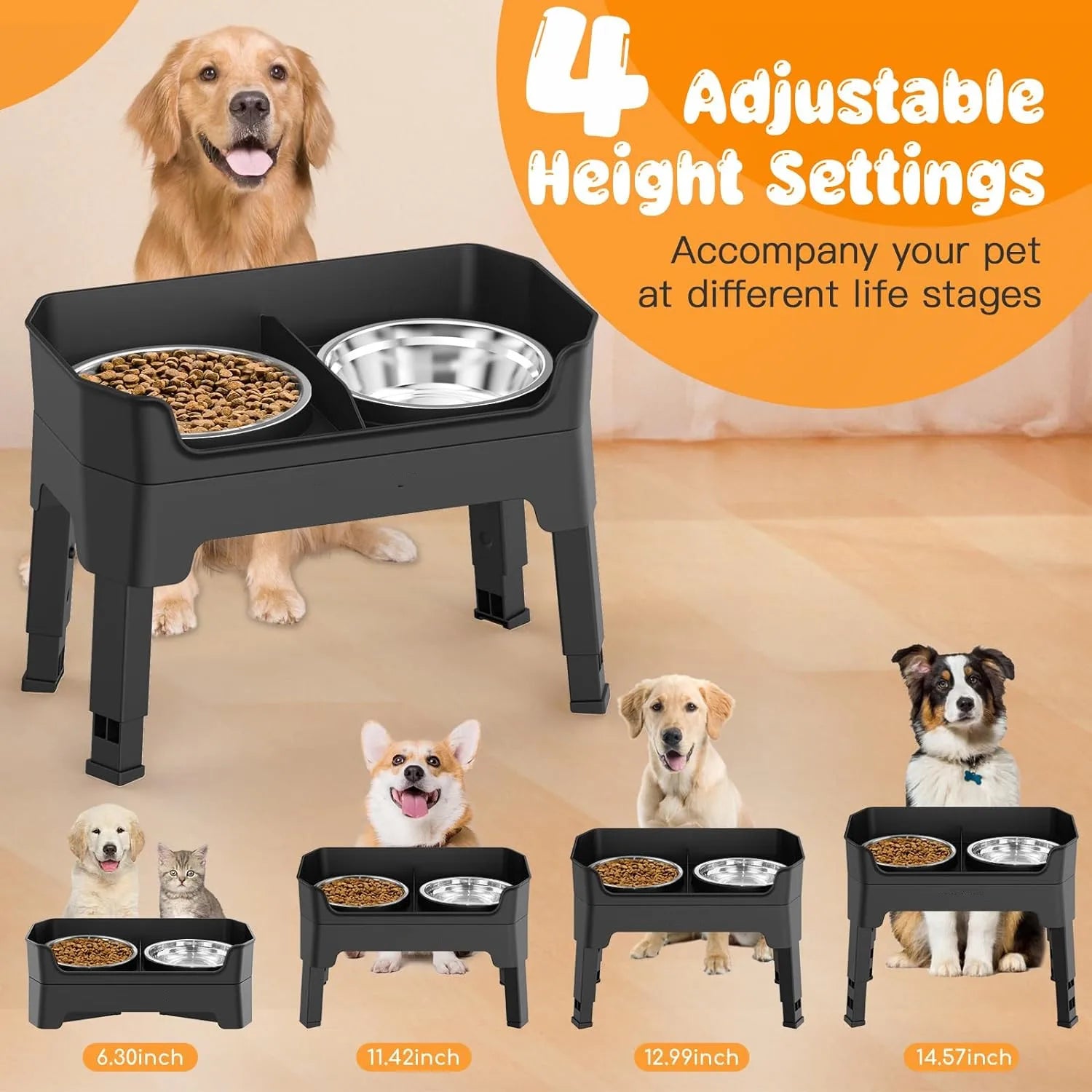 Elevated Pet Feeder Stand With Stainless Steel Double Bowls