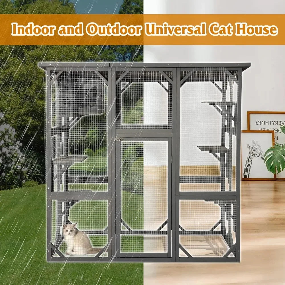 Large Outdoor Wooden Cat House with Weatherproof Cage Indoor Playpen with Platform House