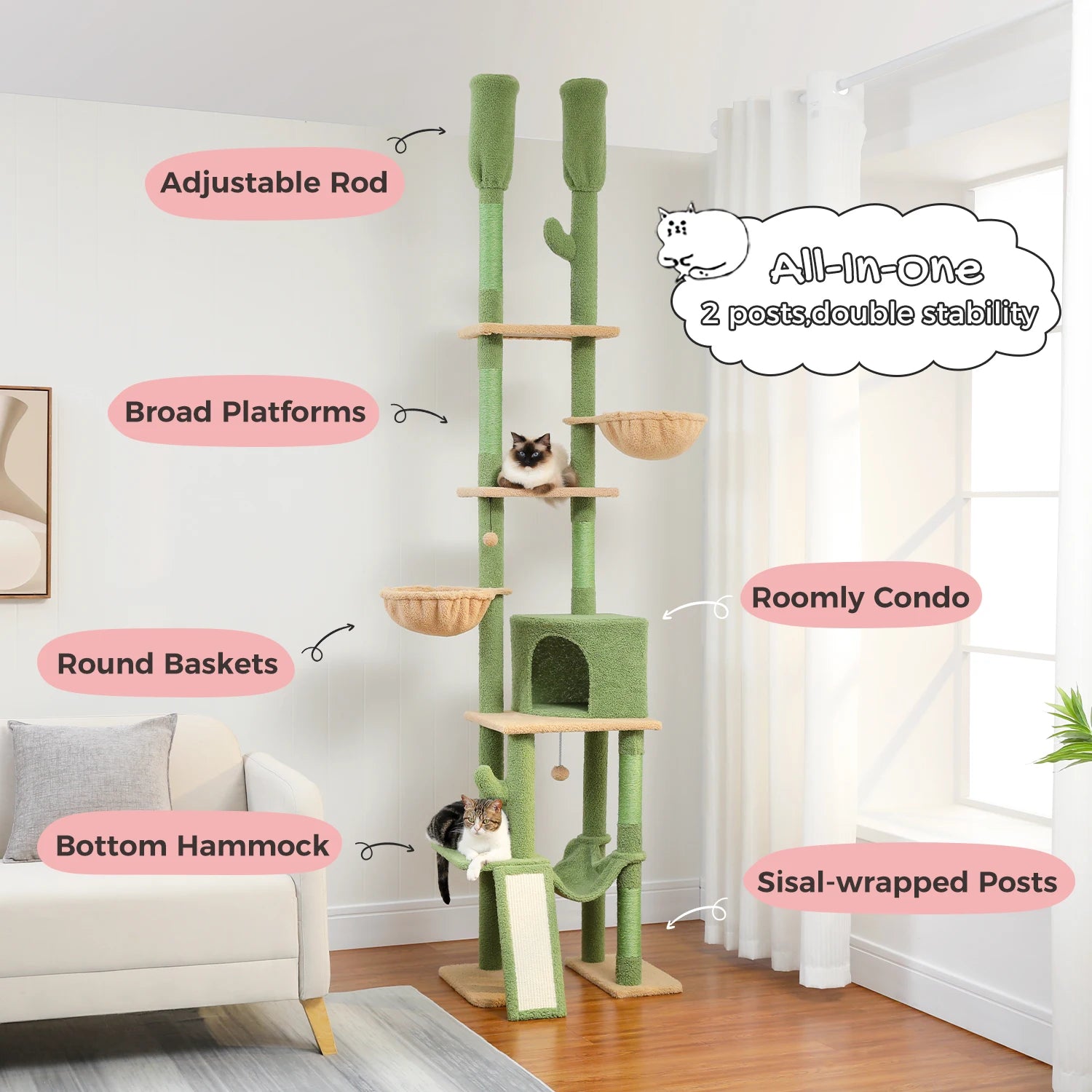 Cactus Cat Tree Floor to Ceiling Tower with Adjustable Height & Hammocks