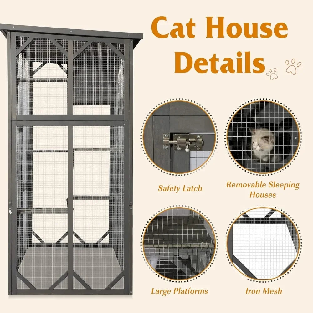 Large Outdoor Wooden Cat House with Weatherproof Cage Indoor Playpen with Platform House