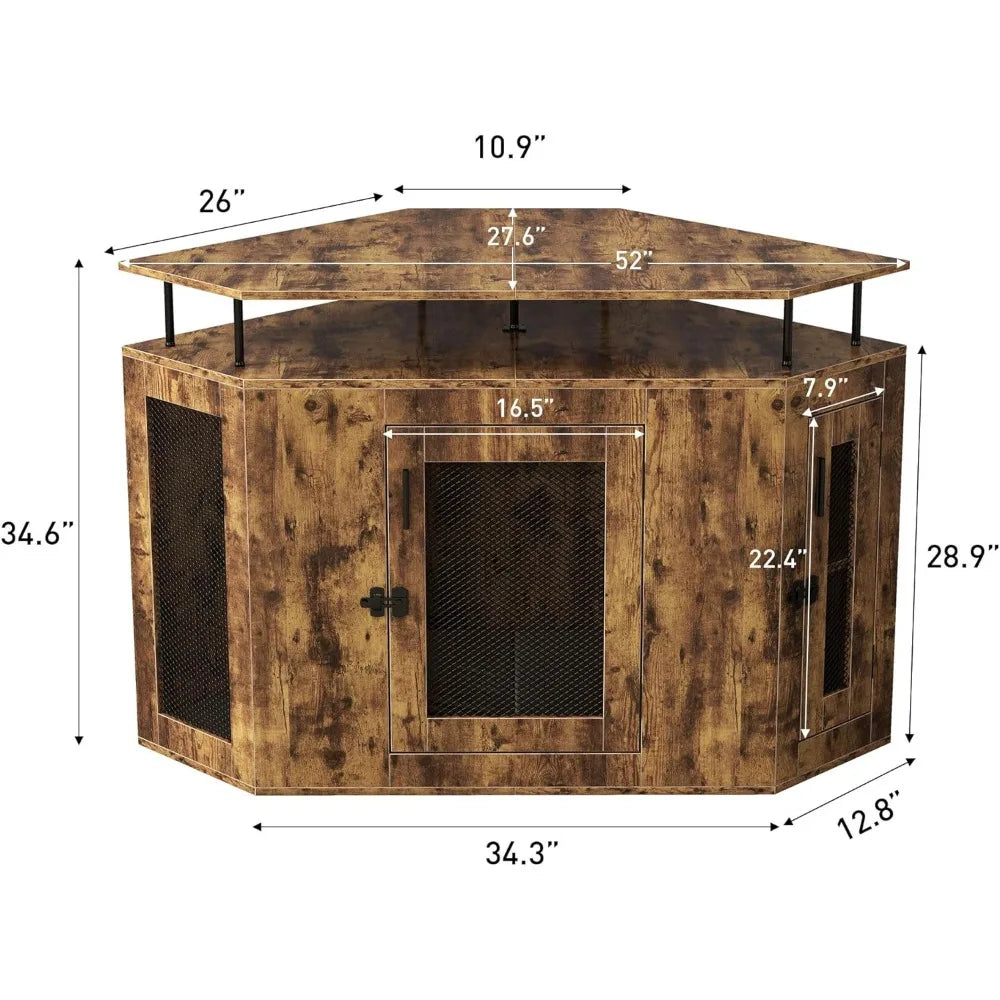 Corner Dog Crate with Cushion - 52" L Wooden Dog Kennel for Medium Large Dogs,