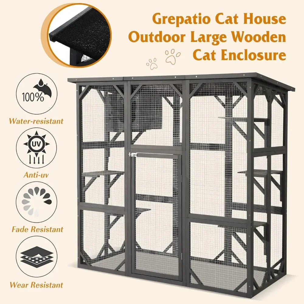 Large Outdoor Wooden Cat House with Weatherproof Cage Indoor Playpen with Platform House