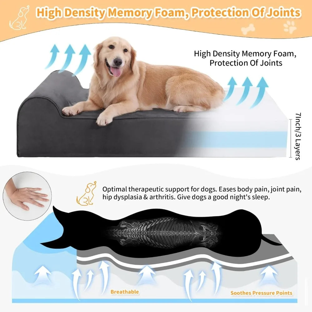 Memory Foam 7 inch Orthopedic Dog Bed. Chew-Resistant and Washable Cover (Large, Grey)