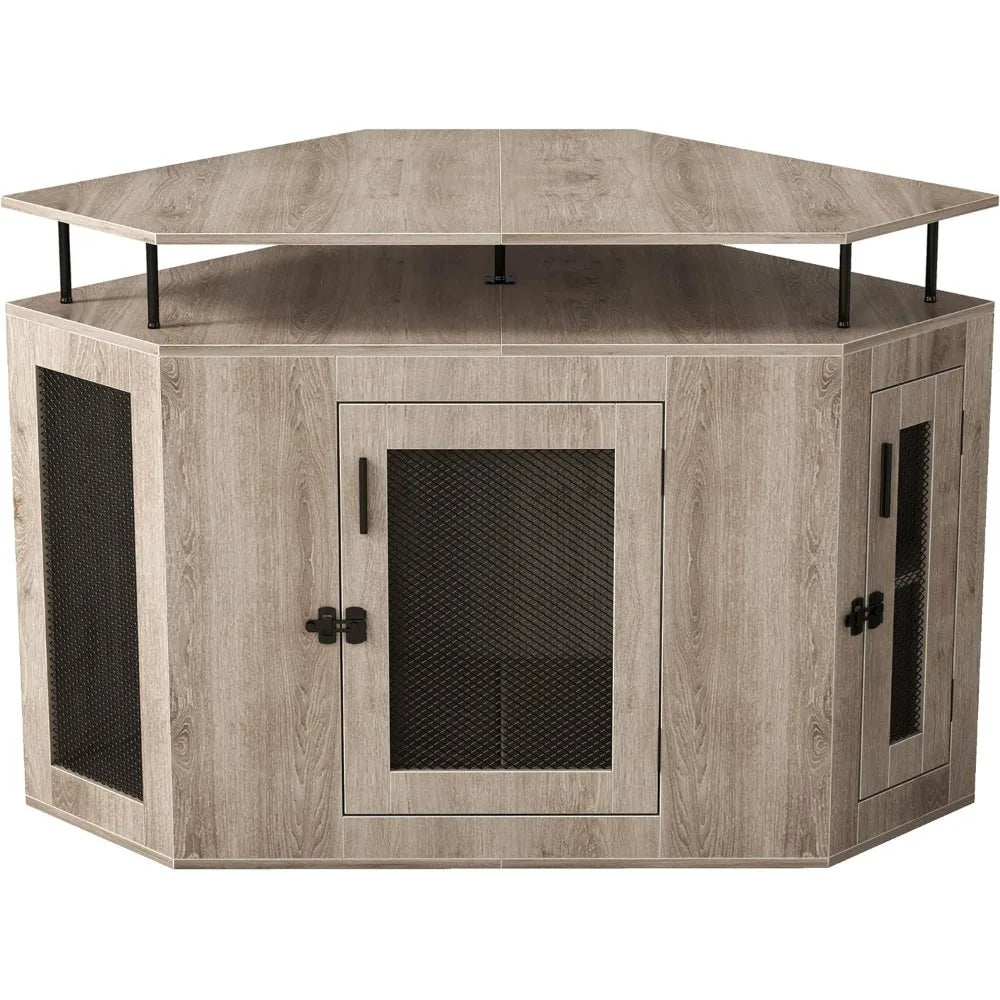 Corner Dog Crate with Cushion - 52" L Wooden Dog Kennel for Medium Large Dogs,