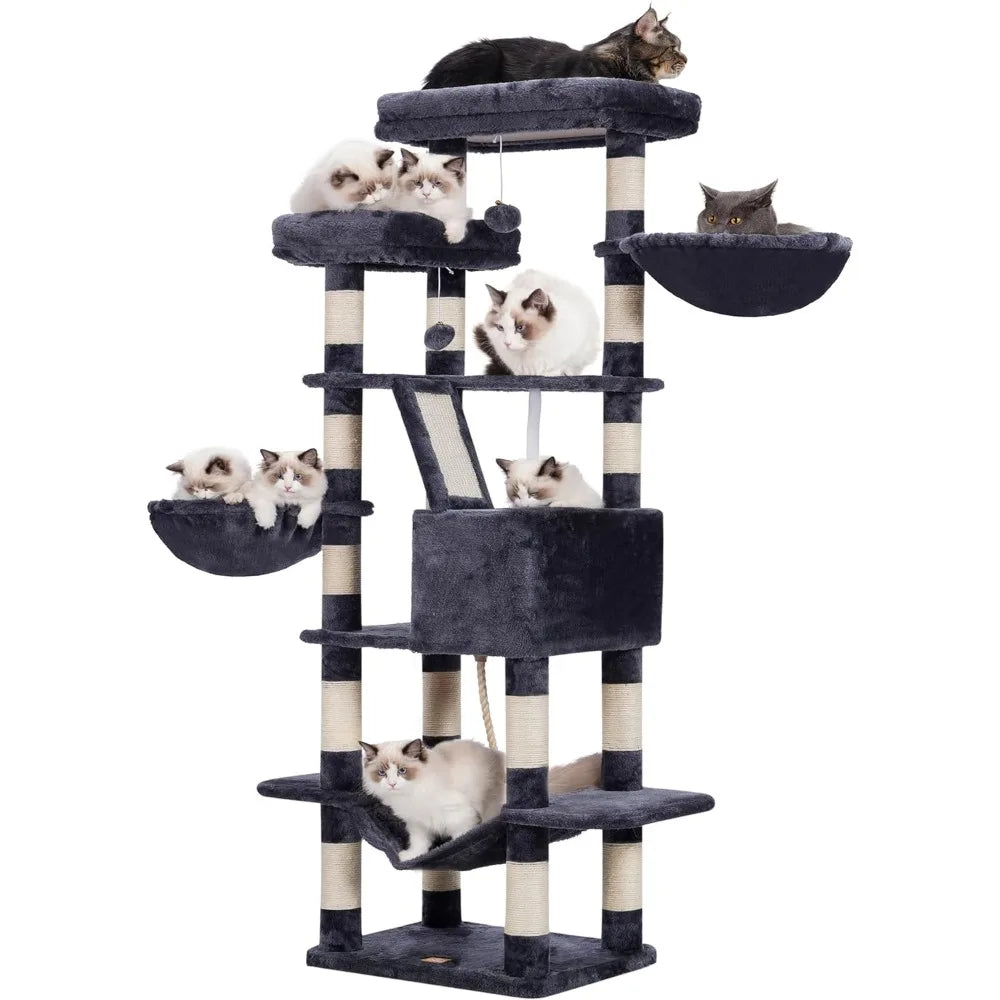 68-inch Multi-Level Cat Tower for Indoor Cats, Two Widened Plush Perches with a Scratching Board, and Big Caves