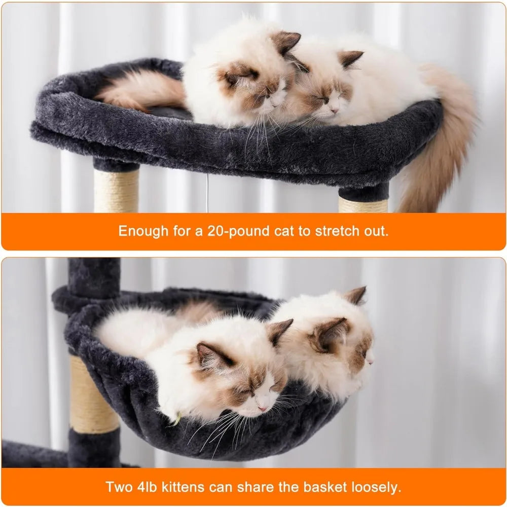 68-inch Multi-Level Cat Tower for Indoor Cats, Two Widened Plush Perches with a Scratching Board, and Big Caves