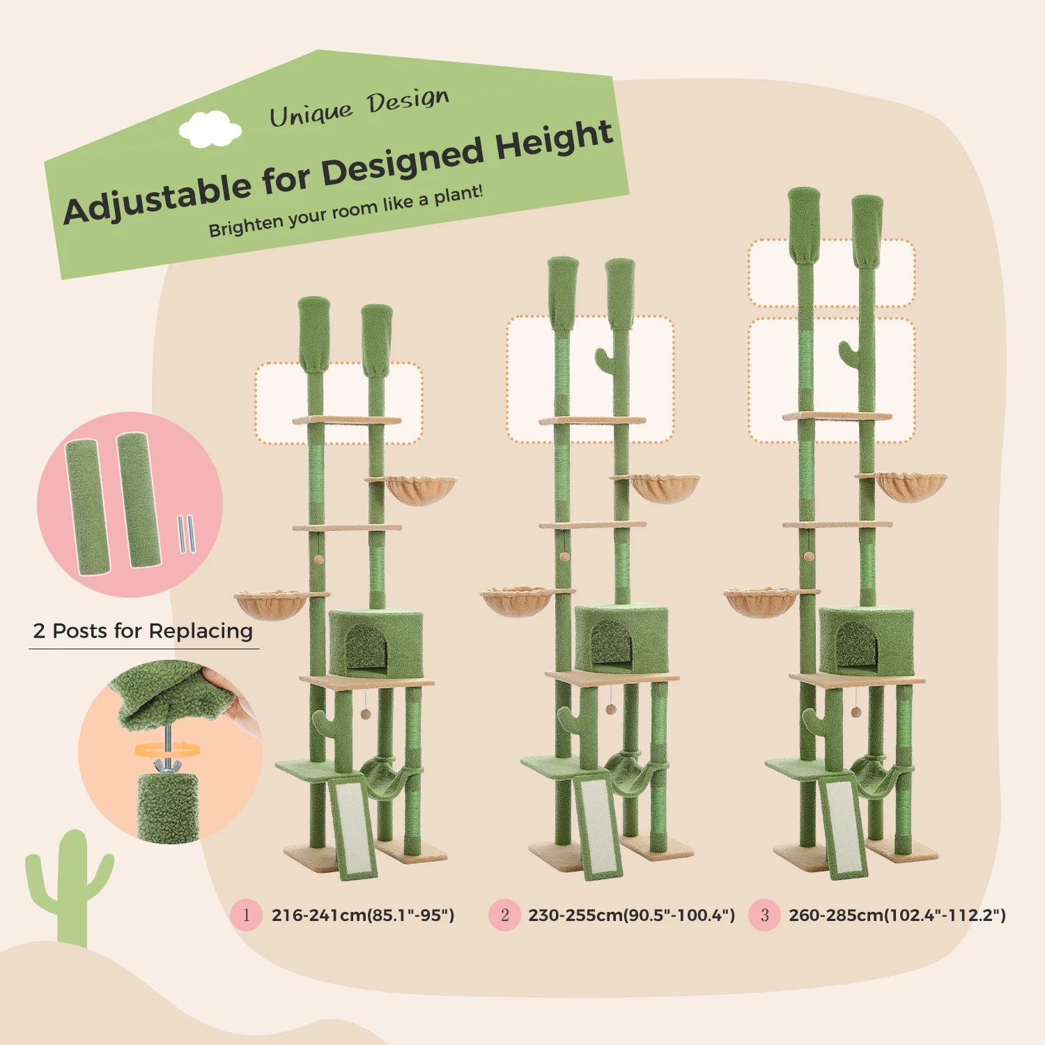 Cactus Cat Tree Floor to Ceiling Tower with Adjustable Height & Hammocks