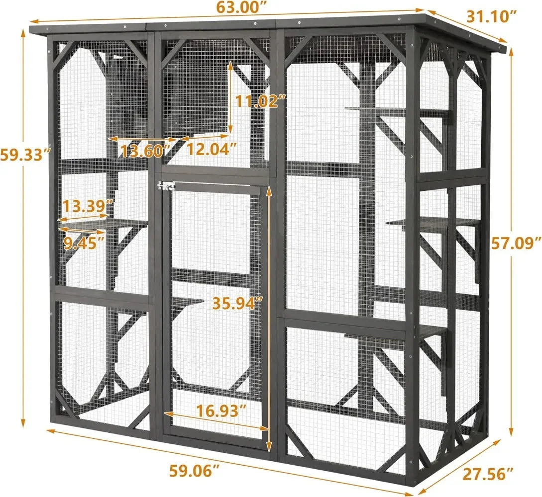 Large Outdoor Wooden Cat House with Weatherproof Cage Indoor Playpen with Platform House